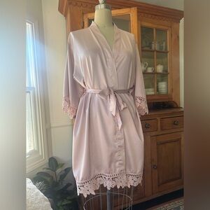 Elegant Pink Blush Lace Trim Satin Soft Robe